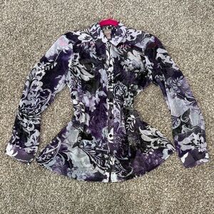 Chico’s vibrant purple mesh blouse.